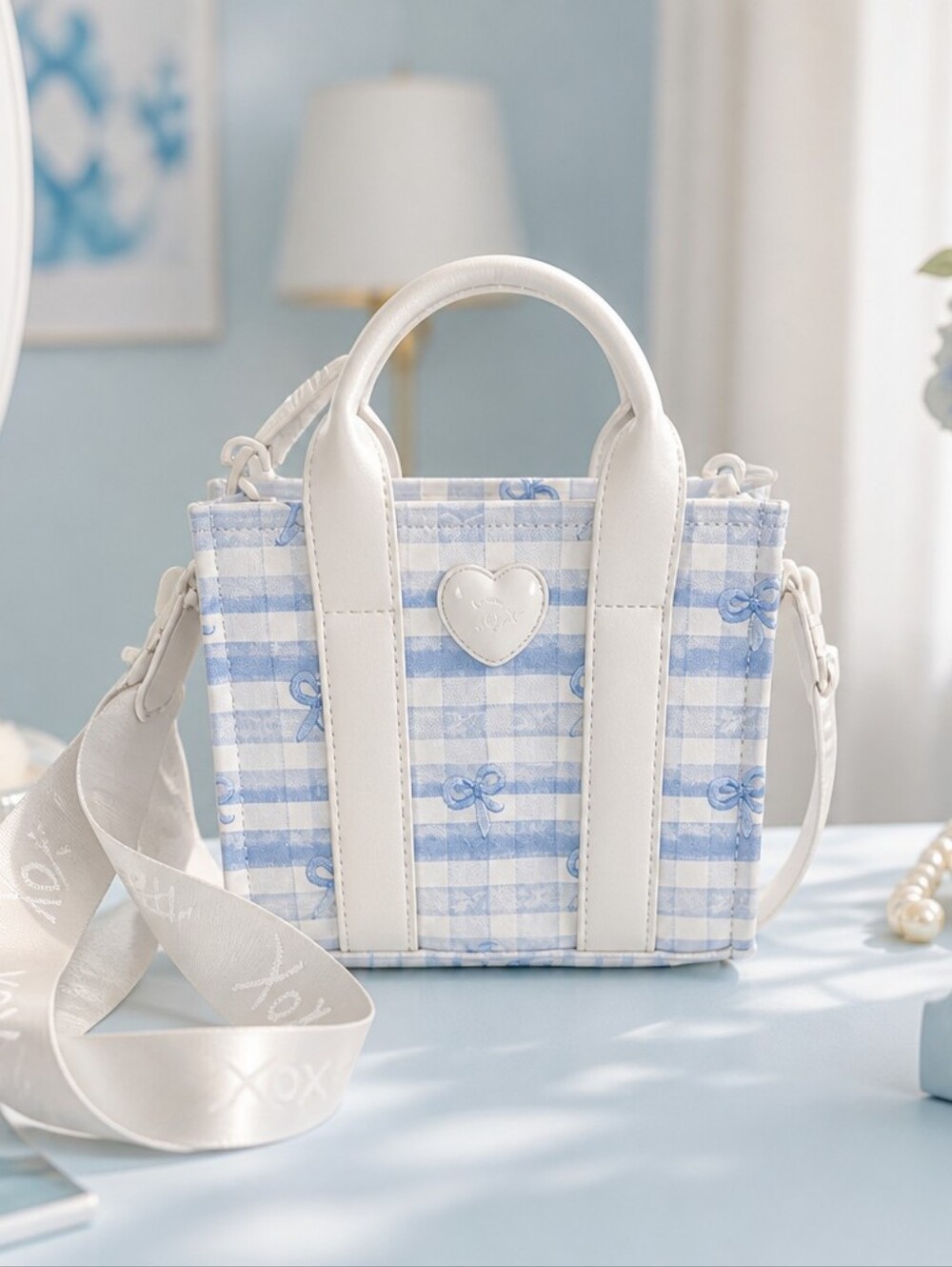 Betsey Johnson White and Light Blue Plaid Mini Tote with Heart Accent
